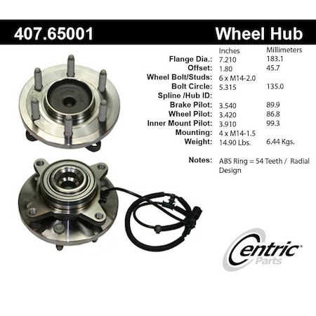Centric Parts Hub & Bearing Assembly W/Integral Abs, 407.65001 407.65001